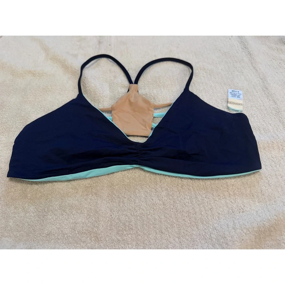L*Space Reversible Bikini Top Navy Aqua Strappy Racerback D Cup NWOT